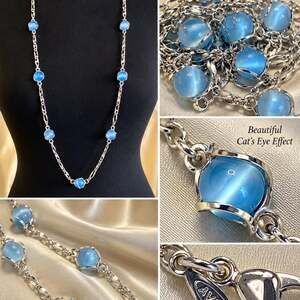 Vintage Avon Icy Blue Cat eye Bead Silver Tone Long Necklace extension